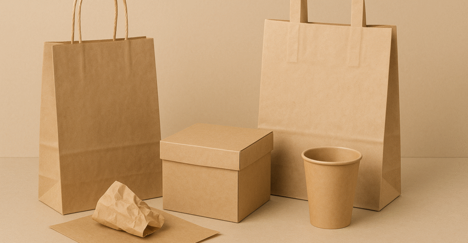 Visuel d'emballages divers (sacs, boîtes, papiers) en kraft brun naturel, mis en scène sur un fond neutre, illustrant l'essor du kraft dans les solutions d'emballage modernes, respectueuses de l'environnement.